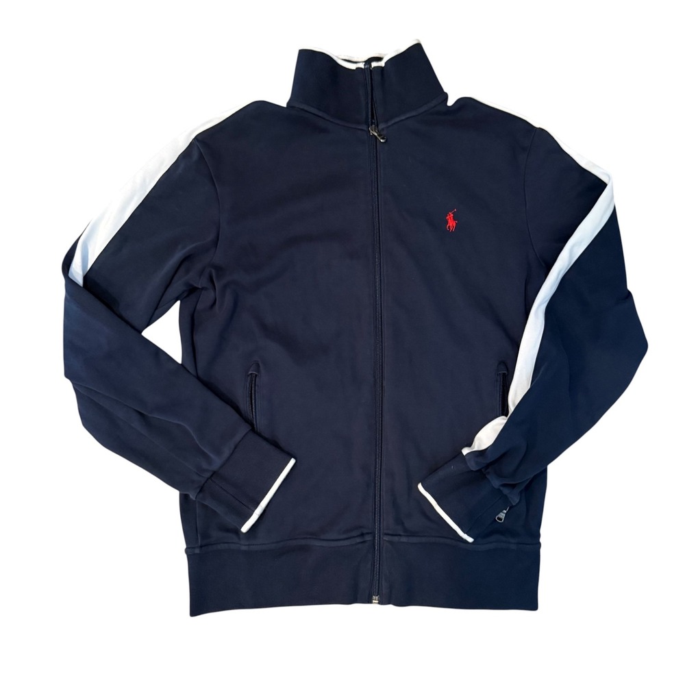 Polo Ralph Lauren Track Jacket Mens Small Navy Blue White Stripe Full Zip Pony